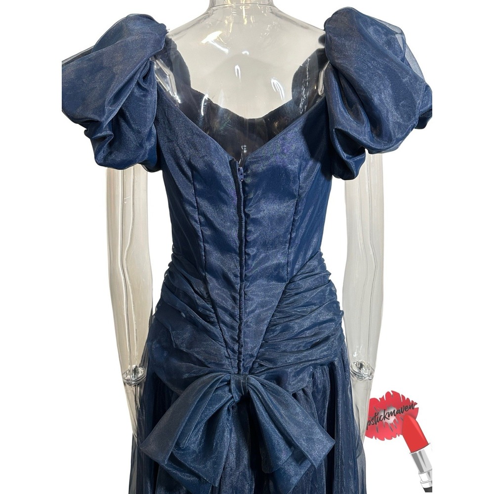 Vintage Taffeta Formal Gown Women 10 60s Navy Blue Puff Sleeves Prom Tea Dress‎ - Picture 4 of 16